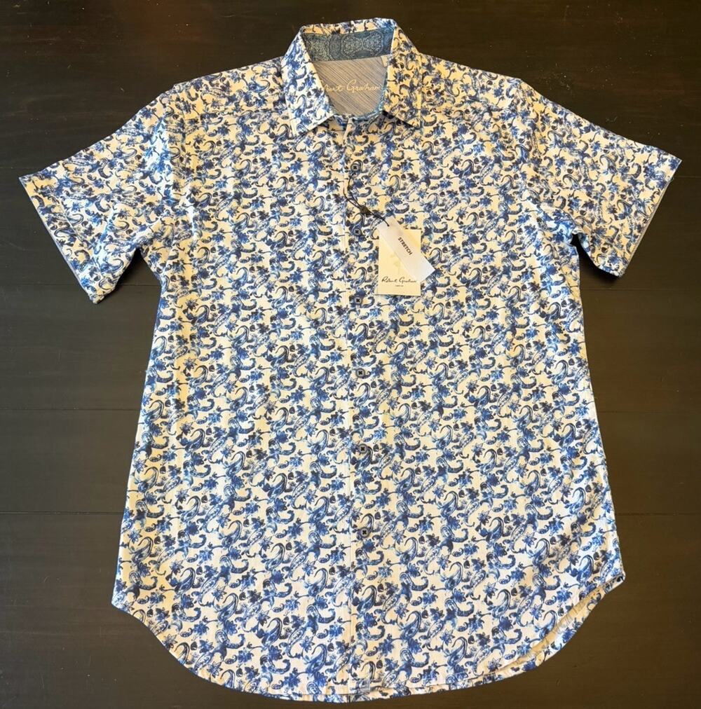 NWT Robert Graham KAANAPALI SS Button Blue Paisley Classic Fit Stretch [S] $198